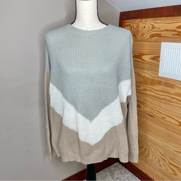 Unbranded Tan Grey White Colorblock Long Sleeve Crewneck Knit Sweater - Picture 1 of 7